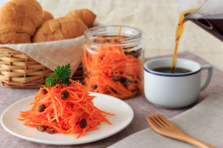 Bread and coffee with salad for Breakfastの写真素材