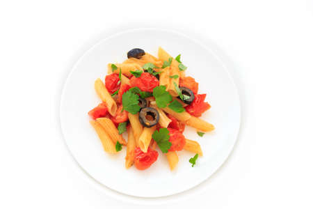 Penne with tomato sauce and black oliveの写真素材