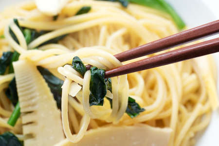 spaghetti with Bamboo shoot and spinachの写真素材