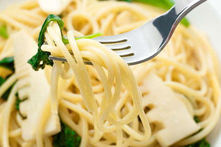 spaghetti with Bamboo shoot and spinachの写真素材
