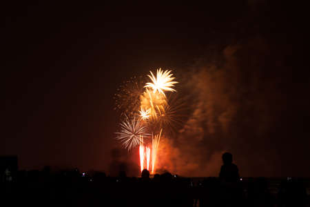 people in silhouette watch a colorful fireworks showの写真素材