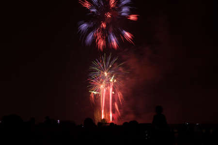 people in silhouette watch a colorful fireworks show