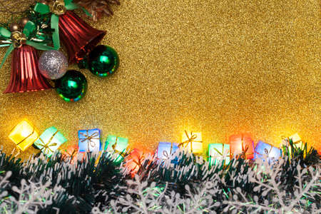 Gold Christmas background, Snowflake, bell and ballsの写真素材