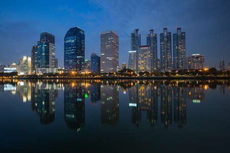 business district and reflection building.の写真素材