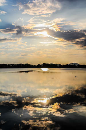 Dark cloud reflection with lakeの写真素材