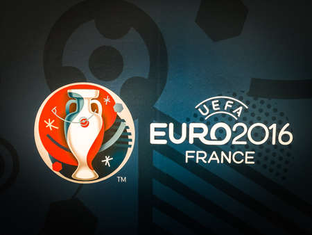 Bangkok, Thailand - April 23, 2016: Official logo of the 2016 UEFA European Championship in France on billboard.のeditorial素材