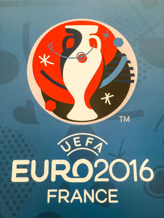 Bangkok, Thailand - April 23, 2016: Official logo of the 2016 UEFA European Championship in France on billboard.のeditorial素材
