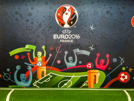 Bangkok, Thailand - April 23, 2016: Official logo of the 2016 UEFA European Championship in France on billboard.のeditorial素材