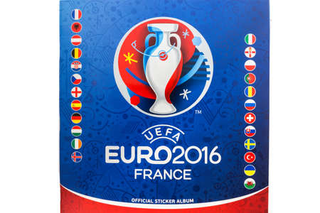 Bangkok, Thailand - MAY 14, 2016: 2016 UEFA Euro France Official licensed sticker album isolated on white backgroundのeditorial素材