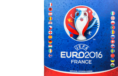 Bangkok, Thailand - MAY 14, 2016: 2016 UEFA Euro France Official licensed sticker album isolated on white backgroundのeditorial素材
