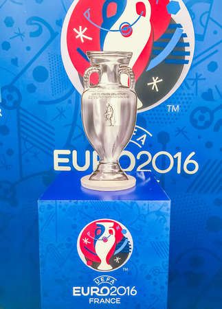 Bangkok, Thailand - April 23, 2016:Paper model of champion cup for  the 2016 UEFA European Championship in France at Future Park shopping mall.のeditorial素材