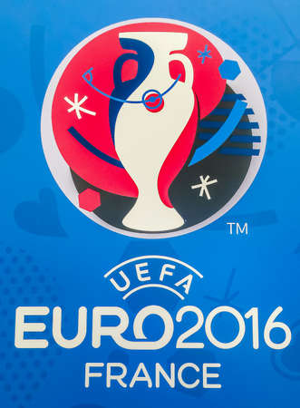 Bangkok, Thailand - April 23, 2016: Official logo of the 2016 UEFA European Championship in France on billboard at Future Park Shopping Mall.のeditorial素材