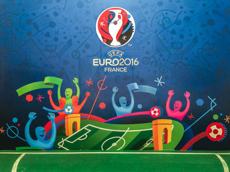 Bangkok, Thailand - April 23, 2016: Official logo of the 2016 UEFA European Championship in France on billboard at Future Park Shopping Mall.のeditorial素材