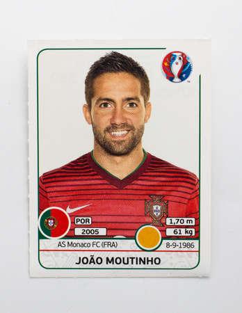 Bangkok, Thailand - June 1, 2016: Panini Official licensed sticker of Joao Moutinho who is player of Portugal for 2016 UEFA Euro France.のeditorial素材