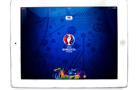 Bangkok, Thailand - June 1, 2016: Official application of 2016 UEFA Euro France on Ipad isolated on white background.のeditorial素材