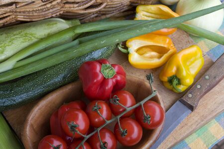Colorful, fresh vegetables in the rustic kitchen