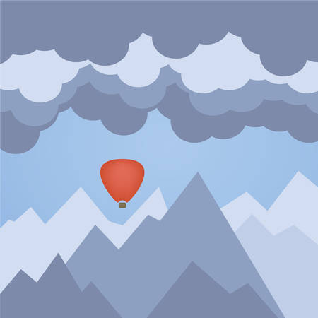 Flat illustration of hot air balloon, on a background of mountains and cloudsのイラスト素材