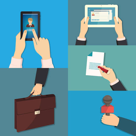 Vector set of hands holding different business objectsのイラスト素材