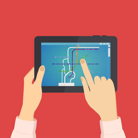 Man looks on the tablet metro scheme, vector illustrationのイラスト素材