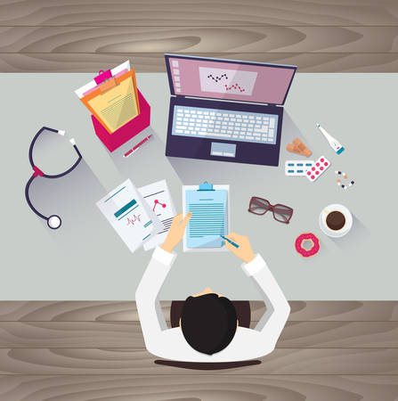Doctor workplace, vector illustration. Male person in doctor's smock sitting at the table in medical clinic. Medicine icons set in flat design styleのイラスト素材