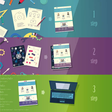 Creative process branding web design development process concept flat icons set  and vector web banners illustration print materials website click infographics elements collectionのイラスト素材