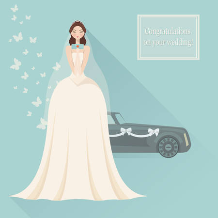 Wedding invitation. Bride in lace wedding dress with bouquet, vectorのイラスト素材
