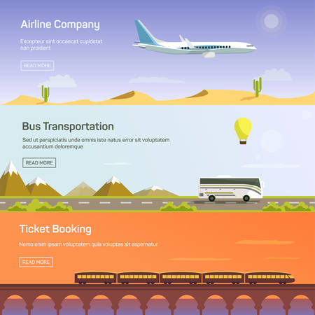 Colorful vector flat banners set. Quality design illustrations, elements and concept. Flying airplane. Train. Bus.のイラスト素材