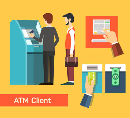 ATM machine money deposit and withdrawal. Payment using credit card. Flat icon set. EPS 10 vector.のイラスト素材