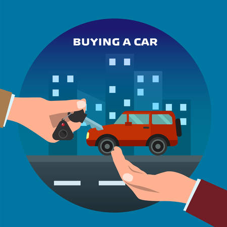 Buying car. Man gets keys to the car. Sale and giving, automobile dealer, people buy, success owner or driving. Vector illustrationのイラスト素材