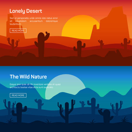Horizontal banner set with lonely desert and wild nature isolated vector illustrationのイラスト素材