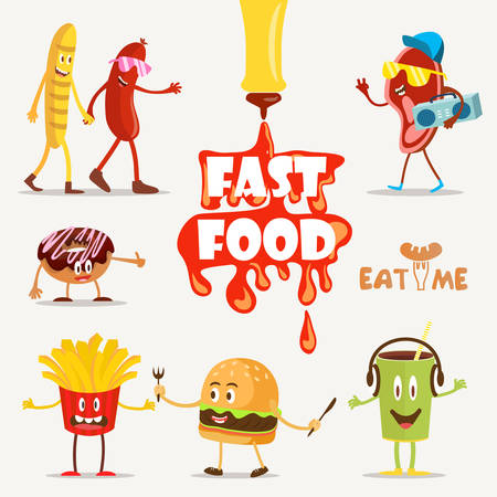 Fast food, food funny, cartoon fast food, set Vector Illustration. Fast food. Flat design.のイラスト素材