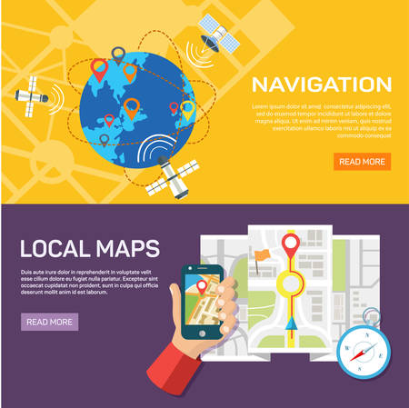Vector illustration. Flat backgrounds set. Navigation and traveling. Map pointer and location finding. Web application.のイラスト素材