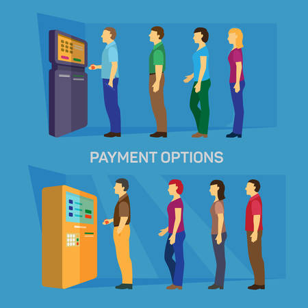 Payment options banking finance money flat infographic vector. Line of casual young modern men women waiting ATM and terminal. Creative people collection.のイラスト素材
