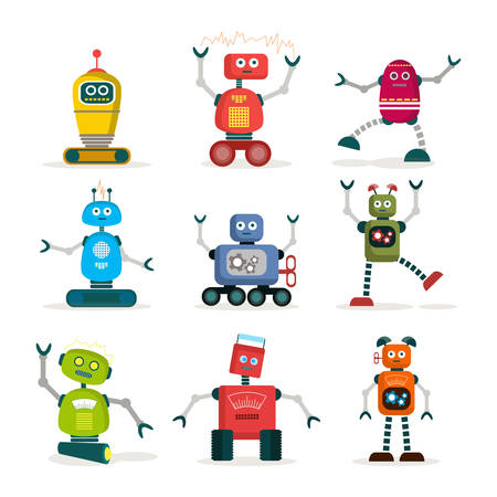 Set of colorful robots flat icons, vector illustrationのイラスト素材
