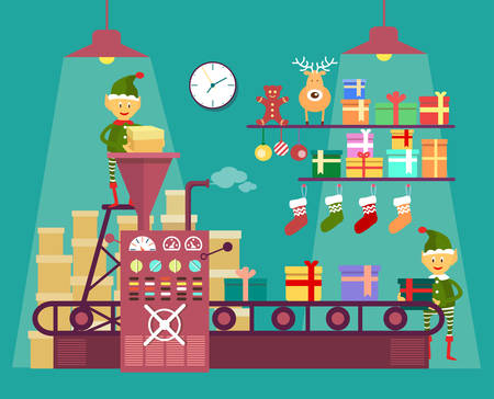 Elves make Christmas and New Year gifts, vetor illustration isolated on background, factory for the production of giftsのイラスト素材