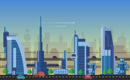 Website hero images in flat design style for web development purposes. Busy urban cityscape templates with modern buildings, roads, futuristic traffic and park trees.のイラスト素材