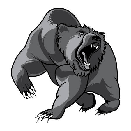 walking bear and animal head black and white vector outline emblemのイラスト素材