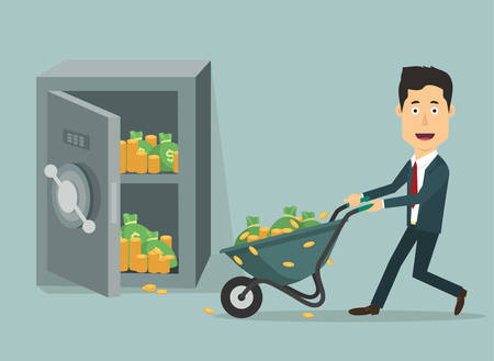 Vector flat illustration of a businessman with hand wheel-barrow full of money. Rich man depositing his fortune to bank. Investments for future. Loading money into protected safe.のイラスト素材