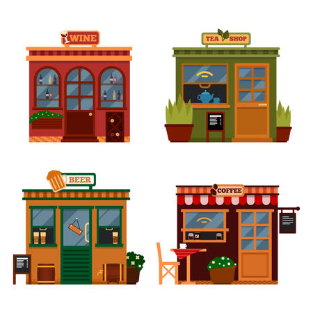 Vector illustration of buildings that are shops for buying drink.  Set of nice flat shops. Different Showcases - Wine, tea shop beer bars, coffee shops with menu.のイラスト素材