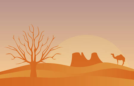 Horizontal banner with lonely desert isolated vector illustration. Scenic view of desert with nature trees, sky, mountains and wild nature.のイラスト素材