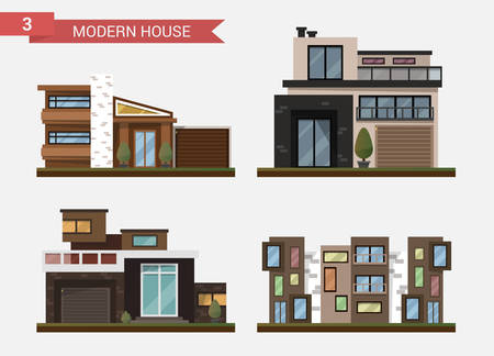Vector flat illustration traditional and modern house. Family home. Office building. Private pavement, backyard with garage. Office architecture with beautiful plants and bushes.のイラスト素材