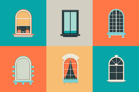 Vector flat set of icons for windows with pane. Rectangle and oval shape glass. Balcony with curtains, vase, shutter. New clean plastic arch.のイラスト素材