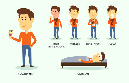 illustration of sick and healthy man with ice-cream.  Symptom of high temperature, freeze, sore thoat, cold.のイラスト素材