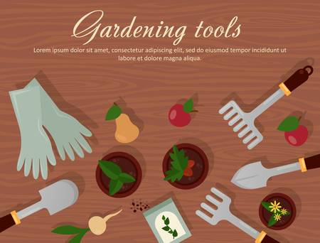 Vector flat illustration of garden agricultural accessories, tools, instruments. Equipment for farmyard. Trowel, shovel, radish, apple, pear and carrot, rubber gloves, pot with plants and flowers.のイラスト素材