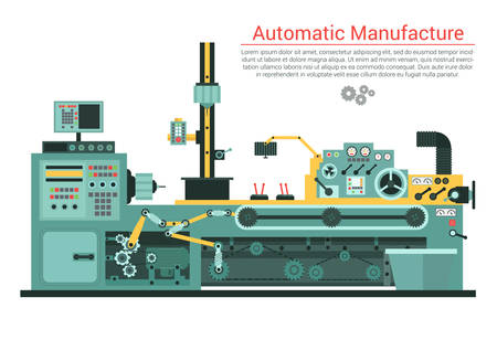 Vector flat illustration of complex engineering machine with pump, pipe, cable, cog wheel, transformation, rotating details. Industrial mechanical revolution of manufacturing equipment.のイラスト素材