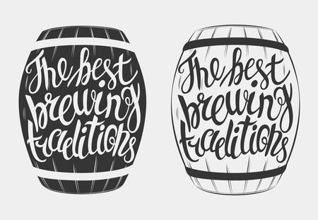 Vector barrel of beer lettering the best brewing traditions. Hand Drawn lettering for with barrel of beer. Vintage illustration. Great for pub menu, announcement of the beer festival or brewery posterのイラスト素材