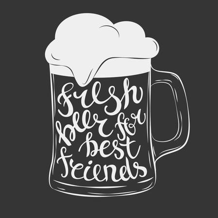 Vector mug of beer lettering fresh beer for best friend. Hand Drawn lettering for with mug of beer. Vintage illustration. Great for pub menu, announcement of the beer festival or brewery posterのイラスト素材