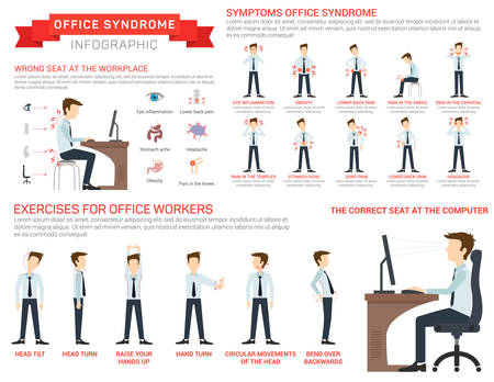 Vector flat illustration for office syndrome. Eyes inflammation, obesity, stomach ache, knees pain, headache, hands pain, lower back pain. Wrong sitting in the workplace.