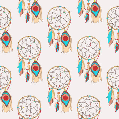 Spiritual and magical dreamcatcher seamless pattern. Tribal indian sacred totem for sleep protection made of bird quills and feathers, web or net. Traditional american and ojibwe paganism symbol for superstitions about dreamsのイラスト素材