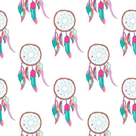 Traditional indian dreamcatcher seamless pattern. Tribal ojibwe magical totem for dream protection made of bird quills and feathers, web or net. Spiritual american and indian paganism symbolのイラスト素材